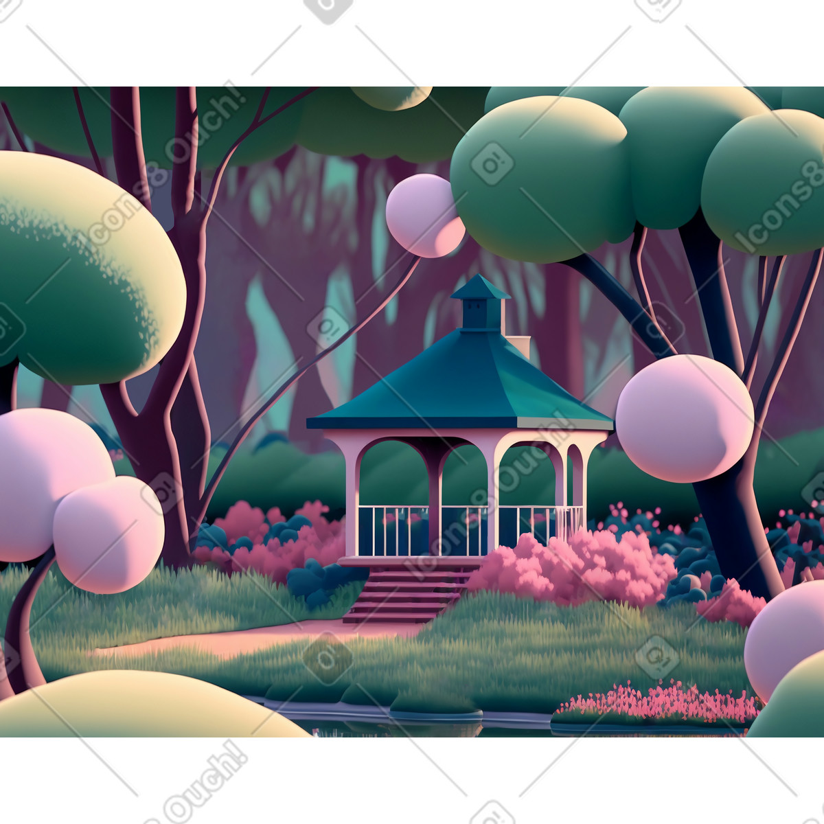 3D cartoon spring city park with lake illustration in PNG, SVG