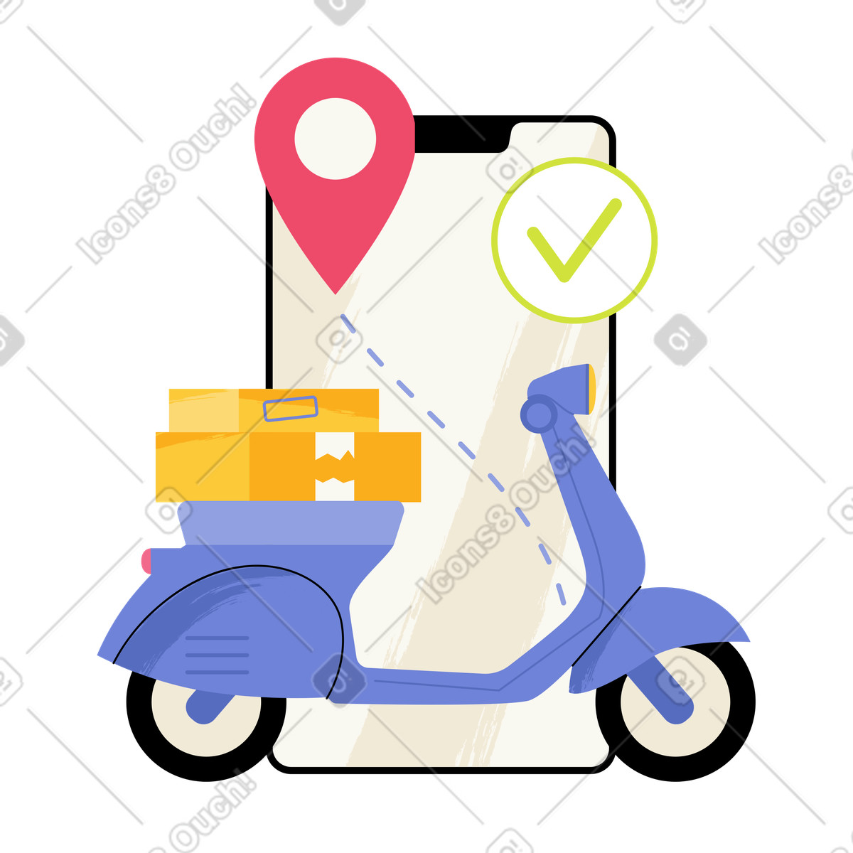 Ilustração de Delivery scooter in front of mobile map, Tracking parcels and courier deliveries em no estilo Juicy para baixar em PNG, SVG