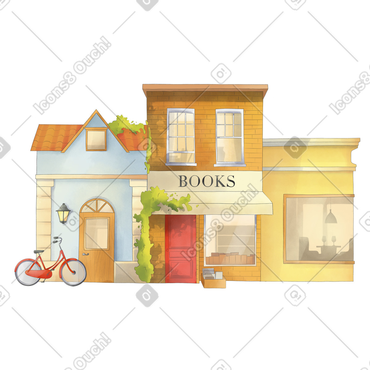 Seasons スタイルの Urban street with shop and restaurant のイラストをPNG、SVG形式でダウンロード