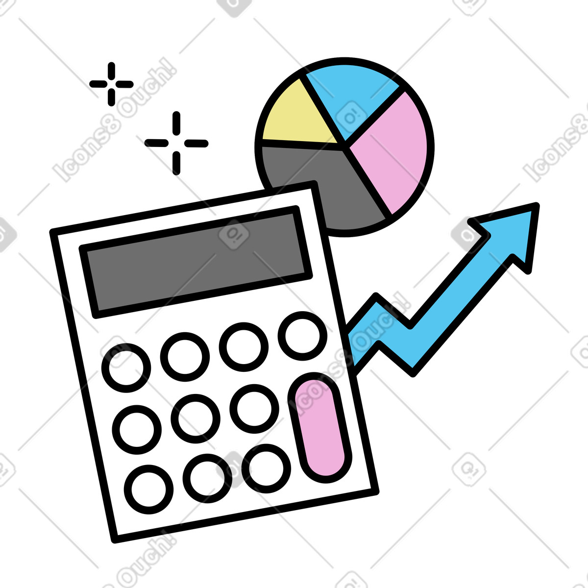 Analytics with calculator and growth arrow, Financial reporting and data insights illustration in Mochi style download in PNG, SVG