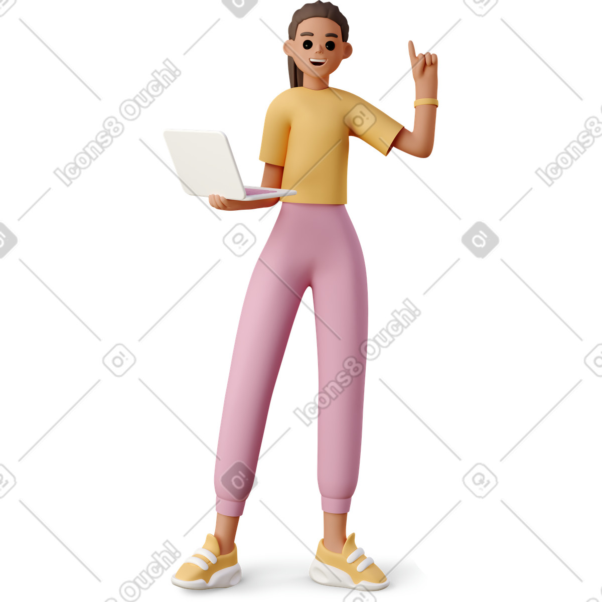 Smiling student with laptop, online learning and creativity, new idea and innovation illustration in 3D Casual life style download in PNG, SVG