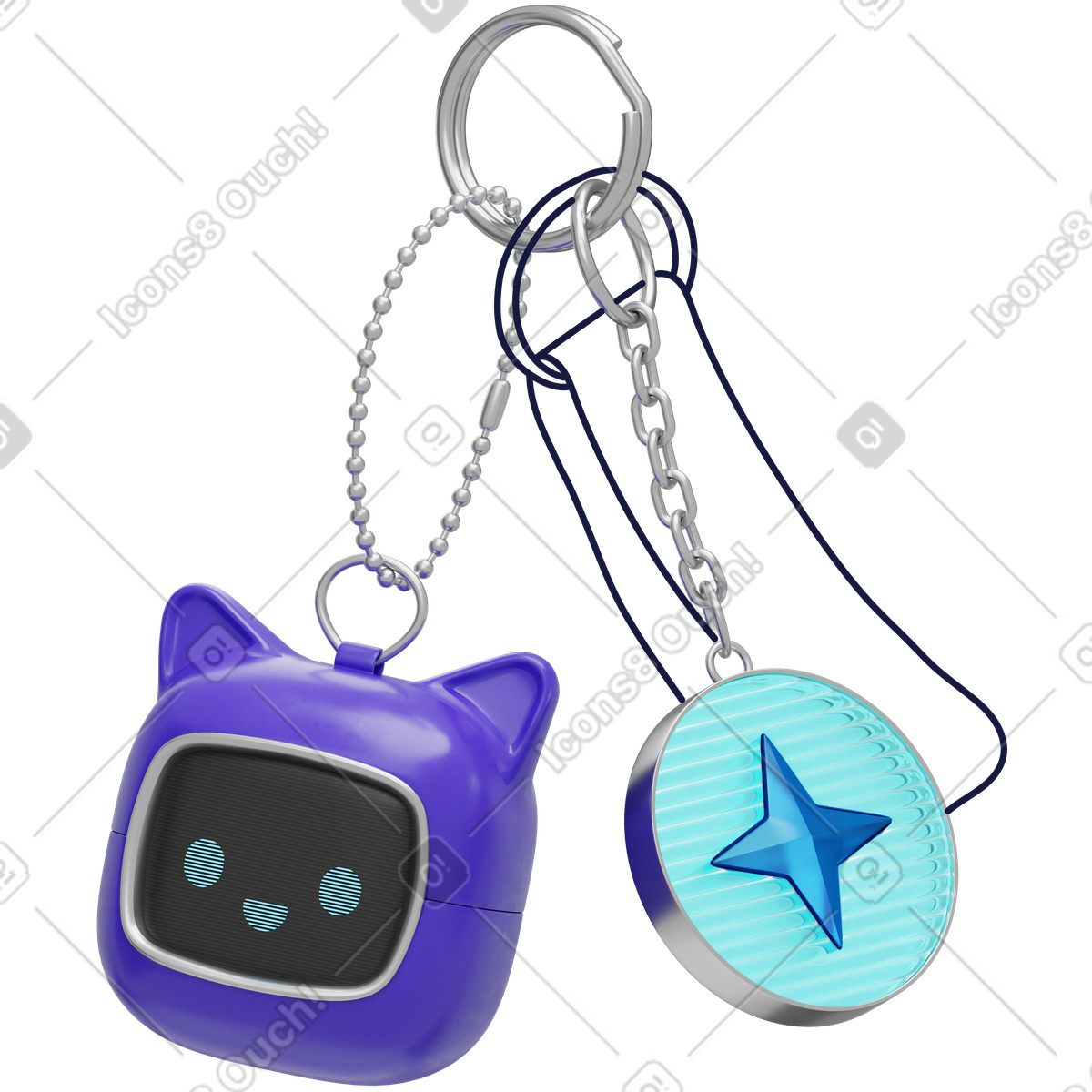 Portachiavi a forma di gatto robot con ciondolo a stella blu, accessori per gadget tecnologici illustrazione in stile 3D Surfaced scarica in PNG, SVG