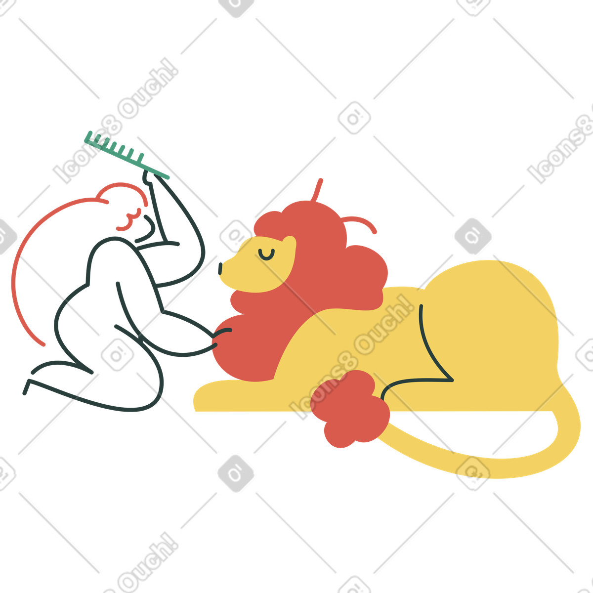 Caretaker brushing lion's mane, animal grooming and care illustration in Macaroni style download in PNG, SVG