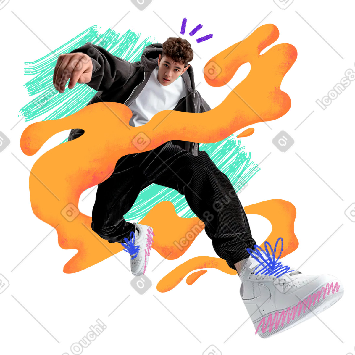 Modische teenager tragen high top sneakers springen-Illustration im Energy-Stil als Download in PNG, SVG