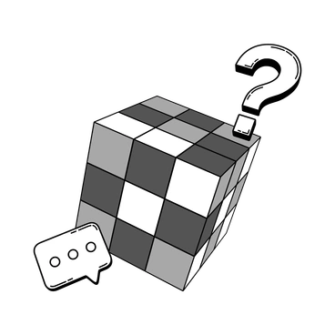 A cube with a question mark and speech bubble - 3D Techny Line style illustration