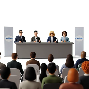 A panel discussion featuring four company leaders sitting on a stage behind a long, modern table. Each leader has a microphone in front of them. One leader has short black hair, wearing a dark suit and glasses. Another leader has wavy blonde hair, dressed in a light blue blazer. The third leader has medium-length brown hair and is wearing a white shirt with a navy cardigan. The final leader has curly red hair and is dressed in a green blouse. In front of them, an engaged audience is seated in rows, with diverse individuals attentively listening and taking notes. The setting is well-lit, with banners displaying the company logos in the background.