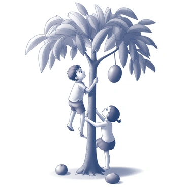Two children are climbing a mango tree. One child, a boy, is situated on a sturdy branch, extending his arm towards a cluster of ripe mangoes hanging above him. The other child, a girl, is positioned below, looking up with an eager expression, her hands resting on the trunk for support. The tree has thick, textured bark and lush, green leaves that create a frame around the scene. The sunlight filters through the foliage, casting shadows on the ground where fallen mangoes lie.