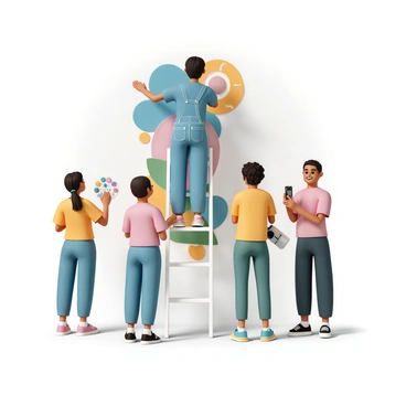 A young artist, wearing a blue t-shirt, denim overalls, and colorful paint-splattered shoes, is standing on a ladder, painting a vibrant mural on a school wall. The mural features bright colors and whimsical designs. Around the artist, three friends are standing, each wearing casual clothes, clapping and cheering. One friend is holding a palette with various colors, while another is taking pictures with a camera. The sunlight casts soft shadows as they engage in a positive and supportive atmosphere.