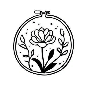 An intricate embroidery hoop art showcasing a "blooming pink carnation" at the center. The carnation is detailed with layered petals and delicate stitching that emphasizes its texture. Surrounding the flower, there are green leaves and vines extending outward, enhancing the composition. The embroidery hoop itself is visible, framing the artwork with a wooden texture. There are small decorative stitches scattered around the flower adding complexity to the piece.
