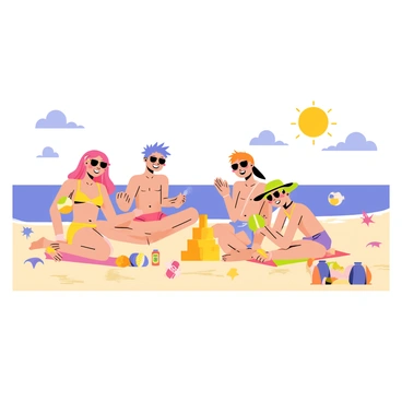 A group of five anime friends is playing and relaxing at a sunny beach. The friends include a girl with long pink hair wearing a yellow bikini, a boy with spiky blue hair holding a beach ball, a girl with short green hair wearing sunglasses and a wide-brimmed hat, a boy with orange hair building a sandcastle, and another girl with purple hair lounging on a beach towel. The sun is shining brightly in the sky with a few fluffy white clouds. Gentle waves lap at the shore, and colorful beach umbrellas are scattered around the scene. The friends are smiling and enjoying their time together, surrounded by beach toys and snacks.