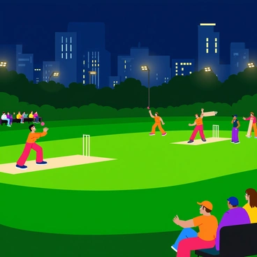 A night cricket match taking place on a grassy field, illuminated by the warm glow of several streetlights. The scene features a group of players wearing bright uniforms, with one player in the act of bowling the cricket ball while others are positioned in the field. Nearby, an audience of spectators is gathered, some sitting on benches and others standing, all enjoying the game. In the background, tall buildings can be seen, their windows glowing softly in the night, adding to the vibrant urban atmosphere. A few trees line the edge of the field, their leaves catching the light.