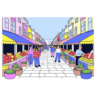 A bustling city market scene filled with various stalls. Each stall is adorned with colorful awnings, displaying a wide array of fresh fruits and vegetables. The fruits include bright red apples, yellow bananas, and green cucumbers, all neatly arranged. The vegetables feature vibrant carrots and leafy greens, creating a lively atmosphere. People can be seen browsing the stalls, picking items and chatting with vendors. The cobblestone pathway is lined with baskets overflowing with produce. The sky above is clear and blue.