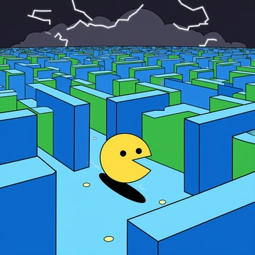 A yellow, circular character resembling "Pac-Man" is racing through a complex maze with high walls, featuring bright blue and green colors. The maze is set against a backdrop of dark, ominous clouds with streaks of "lightning" illuminating the scene. The ground of the maze is a shiny, reflective surface that captures the brightness of the lightning. There are small, round "pellets" scattered throughout the maze, glowing softly. "Pac-Man" has an expression of determination as he speeds along the path. The entire scene gives a sense of movement and excitement, emphasizing the contrast between the bright character and the dark, stormy environment.