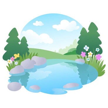A pond with crystal-clear water is reflecting a bright blue sky filled with fluffy white clouds. Surrounding the pond are lush green grasses and vibrant wildflowers in various colors. A couple of smooth stones are partially submerged at the water's edge, adding texture to the scene. In the background, tall trees frame the pond, their leaves swaying gently in the breeze. The sunlight creates a shimmering effect on the water surface, enhancing the tranquil atmosphere.