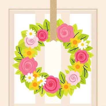 A circular wreath made with a variety of colorful spring flowers including pink peonies, yellow daffodils, and white daisies. The flowers are arranged densely with vibrant green leaves interspersed among them. The wreath is hanging on a wooden door painted in a soft pastel shade. A rustic burlap ribbon is tied at the top of the wreath, adding an extra decorative touch.