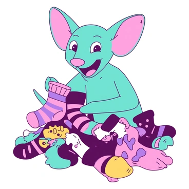 A teal Dobby is smiling widely as he holds a colorful pair of socks with vivid patterns in his hands. He is surrounded by a pile of whimsical socks in various fun designs and colors, creating a playful atmosphere. The socks vary in size and style, with some featuring stripes, polka dots, and cartoon characters. Dobby's large ears are perked up in excitement, and his expression conveys joy as he admires the vibrant socks around him.