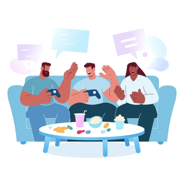A group of three friends sit on a comfortable sofa, focused on a video game console in front of them. One friend is holding a game controller, leaning forward in excitement. The second friend is sitting back with a playful expression, gesturing with his hands as if giving commentary. The third friend is laughing and holding a snack bowl filled with popcorn. On the coffee table in front of them, there are various snacks like chips and candy, along with a couple of drinks in colorful cups. The room has a cozy atmosphere, decorated with posters and soft lighting.