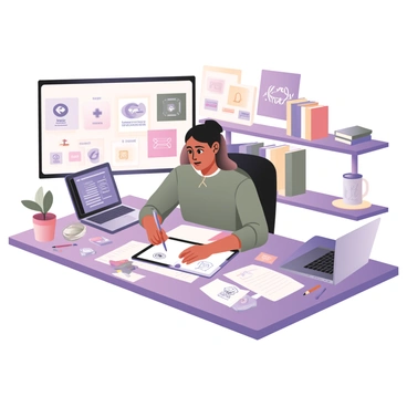A digital flat illustration depicting an illustrator sitting at a large desk, surrounded by various tools of the trade. The illustrator has medium skin and is focused on sketching a logo on a tablet. The desk features scattered papers with various logo drafts, colored pencils, and a laptop displaying design software. There are branding elements like business cards and packaging designs in the foreground. A potted plant sits on the corner of the desk, and behind the illustrator, there are shelves filled with design books and inspiration boards showcasing different logo styles.