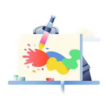 A robotic arm with a sleek metallic design is positioned above a large blank canvas. The arm is holding a paintbrush, which is dipped in bright, colorful paint. Splashes of red, blue, yellow, and green can be seen on the canvas as the brush moves gracefully, creating an abstract illustration. The workspace is surrounded by various paint containers, and there are drops of paint on the table beneath the canvas. The background features soft lighting, enhancing the vibrant colors of the artwork in progress.