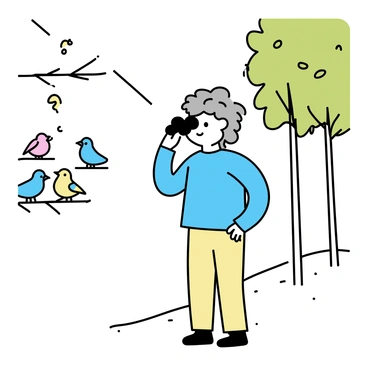 A senior citizen with gray hair, wearing a light blue sweater and beige pants, is standing on a small path in a wooded area. They are holding a pair of binoculars up to their eyes, focusing on a group of birds perched on branches. Surrounding them are tall trees with green foliage, and dappled sunlight filters through the leaves, casting soft shadows on the ground. A few colorful birds can be seen in the background, perched quietly among the branches.