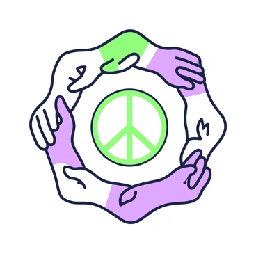 A circle of hands in various skin tones is joined together at the center. Each hand displays a different gesture, symbolizing unity and cooperation. The hands are arranged evenly around the circle, creating a harmonious composition. In the center of the circle, there is an emblem that symbolizes peace. The background is minimal, allowing the focus to be on the hands and the central emblem.