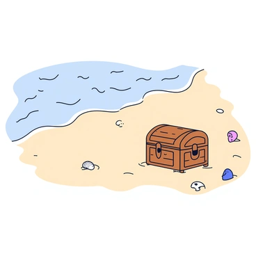 A secluded beach with fine, light-colored sand stretching across the scene. Gentle, soft waves are lapping at the shore, creating a rhythmic pattern. In the sand, partially buried, is a wooden treasure chest with rusty iron hinges. The chest has ornate carvings on its surface and is surrounded by small seashells scattered across the sand.