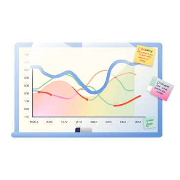A large whiteboard is set against a plain background. On the whiteboard, there is a colorful graph displaying rising and falling interest rates over the years. The graph features a series of lines in various colors, with blue representing rising rates and red indicating falling rates. The x-axis is marked with years, while the y-axis shows the percentage of interest rates. Small labels with specific percentages are placed along the lines to indicate key points. Next to the graph, there are colorful sticky notes with handwritten notes and reminders attached to the whiteboard.