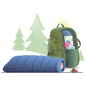 A rolled-up sleeping bag and backpack ready for a camping adventure