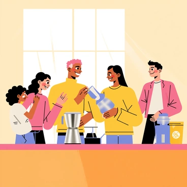 A family of four gathered around a wooden kitchen counter. The parents are holding a shiny silver portafilter, preparing to make coffee. A young girl with curly hair watches intently, while a teenage boy stands nearby, holding a bag of coffee beans. Various coffee-making tools, such as a grinder and a kettle, are visible on the counter. Sunlight streams in through a window, illuminating the scene and creating a warm atmosphere. The family members are smiling and engaged in the process, creating a joyful moment together.