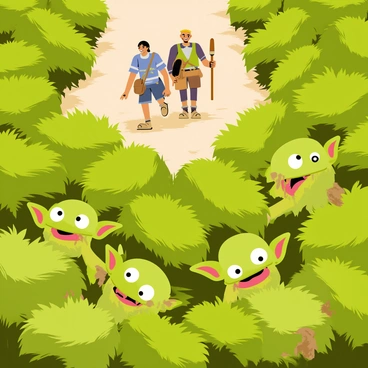 A dense cluster of green bushes fills the foreground, creating a natural hiding place. In the shadows of the bushes, several small green goblins with pointed ears and mischievous grins are crouched low, peering out with wide eyes. Their skin is a mix of shades from light green to darker olive tones, and they wear tattered clothes made from leather and cloth. Behind the bushes, a dusty path can be seen where a group of travelers, consisting of two adventurers and a pack animal, appears to be approaching. The travelers look unaware of the goblins' presence as they walk, one of them carrying a wooden staff and the other holding a leather satchel. The ambiance is tense, with the goblins poised to spring out at any moment.