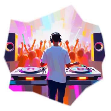 A DJ with short hair and wearing headphones is energetically spinning records at a lively music festival. He is surrounded by colorful lights and a large crowd of enthusiastic festival-goers dancing. The DJ booth is adorned with vibrant decorations, and a large speaker system is visible on either side. People in the crowd are raising their hands, enjoying the music, while some are holding glowing light sticks. The atmosphere is filled with excitement, as the DJ focuses on his turntables, creating an engaging and dynamic experience.