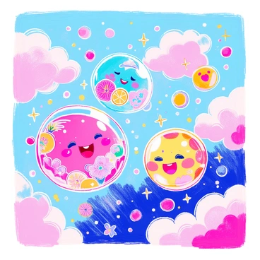 A whimsical scene features several cartoon bubbles floating in the air. Each bubble has a unique character and facial expression, representing different shampoo scents. One bubble is bright pink and has a floral design, giving off a cheerful smile. Another bubble is turquoise with a refreshing ocean motif, showcasing a relaxed expression. A yellow bubble features fruity patterns, displaying an excited face. Each bubble is surrounded by sparkles and colorful swirls, enhancing the playful atmosphere. The background is filled with soft, fluffy clouds to emphasize the light and airy feeling of the scene.