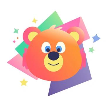 A bear's head is prominently featured in the center of the image. The bear has a thick fur coat with a mix of orange and brown hues, accented by bright yellow highlights. Its eyes are large and expressive, colored in vibrant blue, giving it a lively appearance. The bear's snout is broad, with a dark nose that stands out against its lighter fur. Surrounding the bear's head are bold geometric shapes in contrasting colors like pink, green, and purple, creating a dynamic background. There are playful dots and star shapes scattered around to enhance the energetic feel of the composition. The overall look is engaging and visually striking.