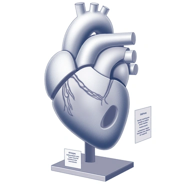 A 3D anatomical model of a heart, intricately detailed to highlight various congenital heart defects. The heart is displayed with distinct sections, each labeled to indicate specific defects such as atrial septal defect, ventricular septal defect, and coarctation of the aorta. The model includes realistic textures and anatomical features, showcasing valves, chambers, and arteries in a clear and educational manner. It is positioned on a stand, with information plaques positioned nearby that describe each defect.