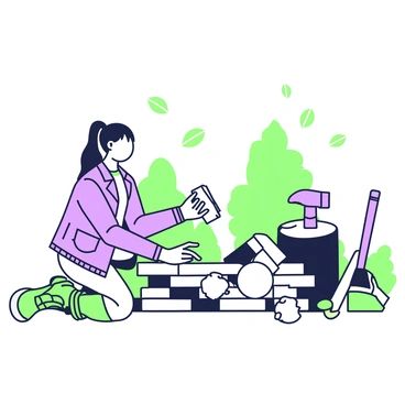 A woman named "Emma" is actively selecting pieces of wood from a timber pile. She has long brown hair pulled back into a ponytail and is wearing a denim jacket over a light-colored shirt, along with sturdy work boots. The timber pile consists of various logs, some rough and others smooth. Emma kneels beside the pile, examining the texture of a piece of wood in her hands. Nearby, an axe rests against a tree stump, and in the background, there are scattered leaves and a few trees creating a natural setting. The scene conveys a sense of purpose as she searches for the ideal pieces.