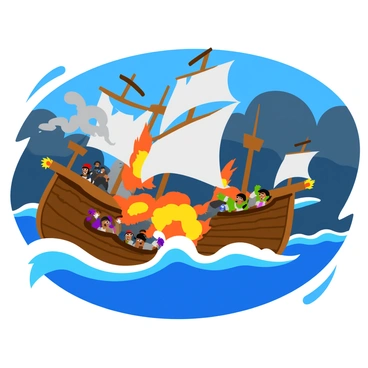 A wooden pirate ship with tattered sails is engaged in fierce cannon fire with a rival vessel. The scene depicts large plumes of smoke and bright bursts of flame from the cannons on both ships. Waves crash dramatically against the sides of the ships, and dark storm clouds fill the sky, illuminated by occasional flashes of lightning. Pirates in rugged clothing are seen manning the cannons, their faces determined and focused. The rival ship shows signs of damage, with torn sails and splintered wood. Water splashes high around the ships as they battle amidst the tumultuous sea.