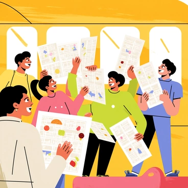 A bright yellow bus filled with excited foodies. Each person inside has a different map spread out in front of them, highlighting various local delicacies. Some foodies are animatedly discussing their favorite dishes with smiles on their faces, while others are comparing notes on their maps. The interior of the bus is lively, with colorful decorations and food-related posters on the walls. Sunlight streams in through the windows, illuminating the group as they share their culinary adventures.