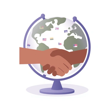A digital flat illustration featuring two hands engaged in a handshake, positioned inside a transparent globe. The hands are of different skin tones to represent diversity. The globe shows a world map with outlines of continents in shades of blue and green. Surrounding the globe are small icons representing various countries, such as flags and landmarks. The globe rests on a smooth, white surface that reflects the image above, emphasizing the significance of the international partnership symbolized by the handshake.