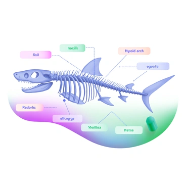 A detailed skeletal diagram of a tiger shark, expertly labeled to highlight its bone structure. The diagram includes distinct features such as the skull, vertebral column, pectoral fins, and pelvic fins, all rendered in precise lines. Each bone is clearly marked with labels indicating their names, such as "maxilla," "hyoid arch," and "caudal vertebrae." The background is a soft, pastel color to enhance the clarity of the diagram. The overall composition is organized for easy understanding, with lines connecting labels to their respective bones.
