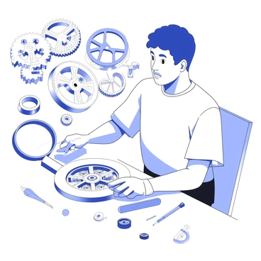 An engineer is seated at a workbench, focused on intricately crafting the gears of a mechanical watch. The engineer has short hair and is wearing precision gloves to handle the delicate components. A magnifying glass is positioned over the watch, allowing for detailed inspection of the gears being assembled. Various tools, such as a tiny screwdriver and a pair of tweezers, are scattered across the workbench. The watch face is partially assembled, revealing the intricate patterns of gears and springs inside. The background displays an array of watchmaking parts, including additional gears and watch cases, creating a sense of a detailed workspace dedicated to horology.