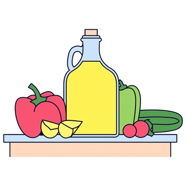 A clear bottle filled with golden palm oil, showcasing its rich color. The bottle has a simple design with a narrow neck and a secure cap. It is placed on a kitchen countertop that has a smooth, light-colored surface. Surrounding the bottle are fresh vegetables, including vibrant green bell peppers, bright red tomatoes, and crisp cucumbers, all arranged neatly. The vegetables are whole and uncut, emphasizing their freshness.