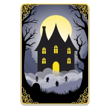 A magic card with an eerie ghostly mansion shrouded in mist