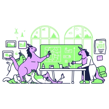 A classroom filled with mythical creatures listening to a teacher explaining their origins