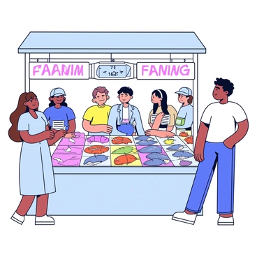 A young couple is standing at a seafood market filled with a colorful array of seafood offerings. The woman has long brown hair and is wearing a light blue sundress, while the man has short dark hair and is dressed in a casual white t-shirt and jeans. They are both looking at a display of fresh fish, shellfish, and other seafood items arranged on ice. The stall is decorated with various signs indicating the types of seafood available. In the background, other shoppers can be seen browsing the market, adding to the lively atmosphere.
