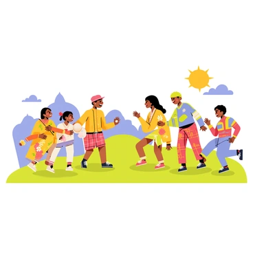 A group of children from different cultures playing together in traditional costumes.