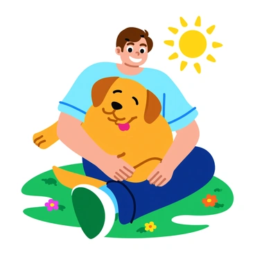 A person with short brown hair and a light blue t-shirt is sitting on a grassy patch. They are cuddling a golden retriever dog with floppy ears and a shiny coat. Both the person and the dog have wide smiles on their faces, showing their content expressions of happiness. The sun is shining brightly, casting a warm glow over the scene, and there are a few colorful flowers scattered around the grassy area.