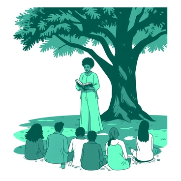Maya Angelou reading poetry to an attentive audience under a large oak tree