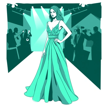 A teal fashion model is posing confidently on a sleek white runway. She is wearing an elegant, flowing gown that drapes gracefully to the floor. The dress features intricate details, with delicate patterns and embellishments catching the light. In the background, a group of photographers is capturing her look, their cameras pointing toward her. The scene is filled with vibrant spotlights illuminating the model, enhancing the overall glamorous atmosphere of the high-end fashion magazine setting.