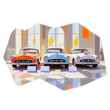 A collection of vintage cars parked in an elegant hall, each with an insurance certificate displayed