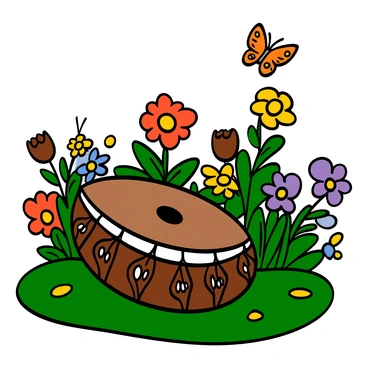 A dholak with intricate designs and warm brown tones is placed on the grass in a garden. Surrounding the dholak are colorful blooming flowers, including red roses, yellow daisies, and purple orchids. The garden is filled with vibrant greenery, and the sunlight filters through the leaves, casting soft shadows on the ground. A few butterflies are fluttering around the flowers, adding to the lively atmosphere of the scene.